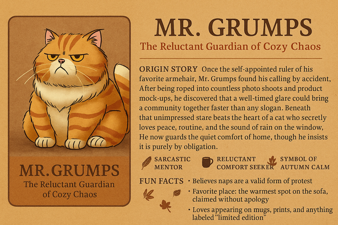 Mr. Grumps orange cat character illustration with unimpressed expression for Upper Room Prints