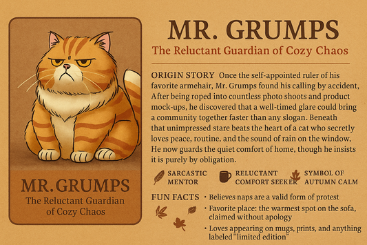 Mr. Grumps orange cat character illustration with unimpressed expression for Upper Room Prints
