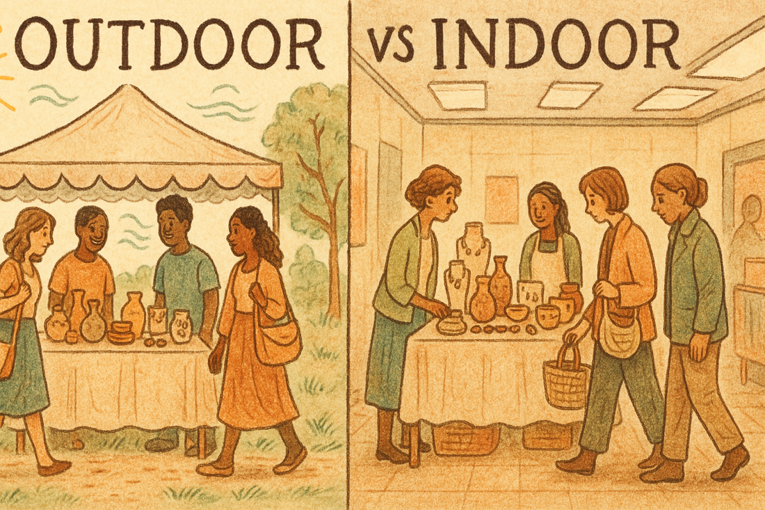 Hand-drawn split illustration comparing outdoor versus indoor craft markets, showing casual browsing outdoors on left and purposeful shopping indoors on right