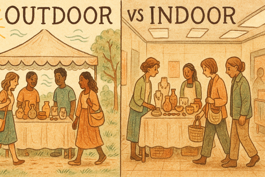 Hand-drawn split illustration comparing outdoor versus indoor craft markets, showing casual browsing outdoors on left and purposeful shopping indoors on right