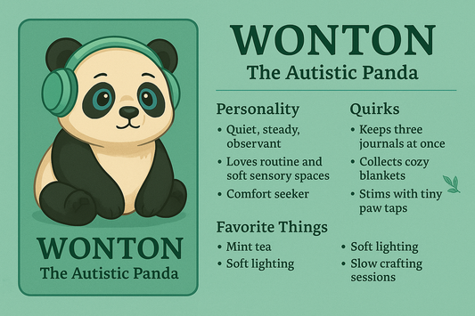 Illustration of Wonton the autistic panda wearing mint headphones, with text describing her quiet, steady personality and favorite cozy things.