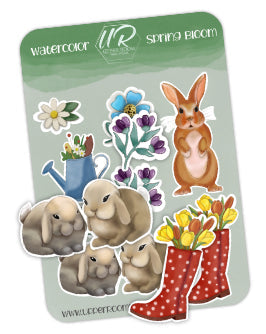 Watercolor stickers of bunnies and rainboots
