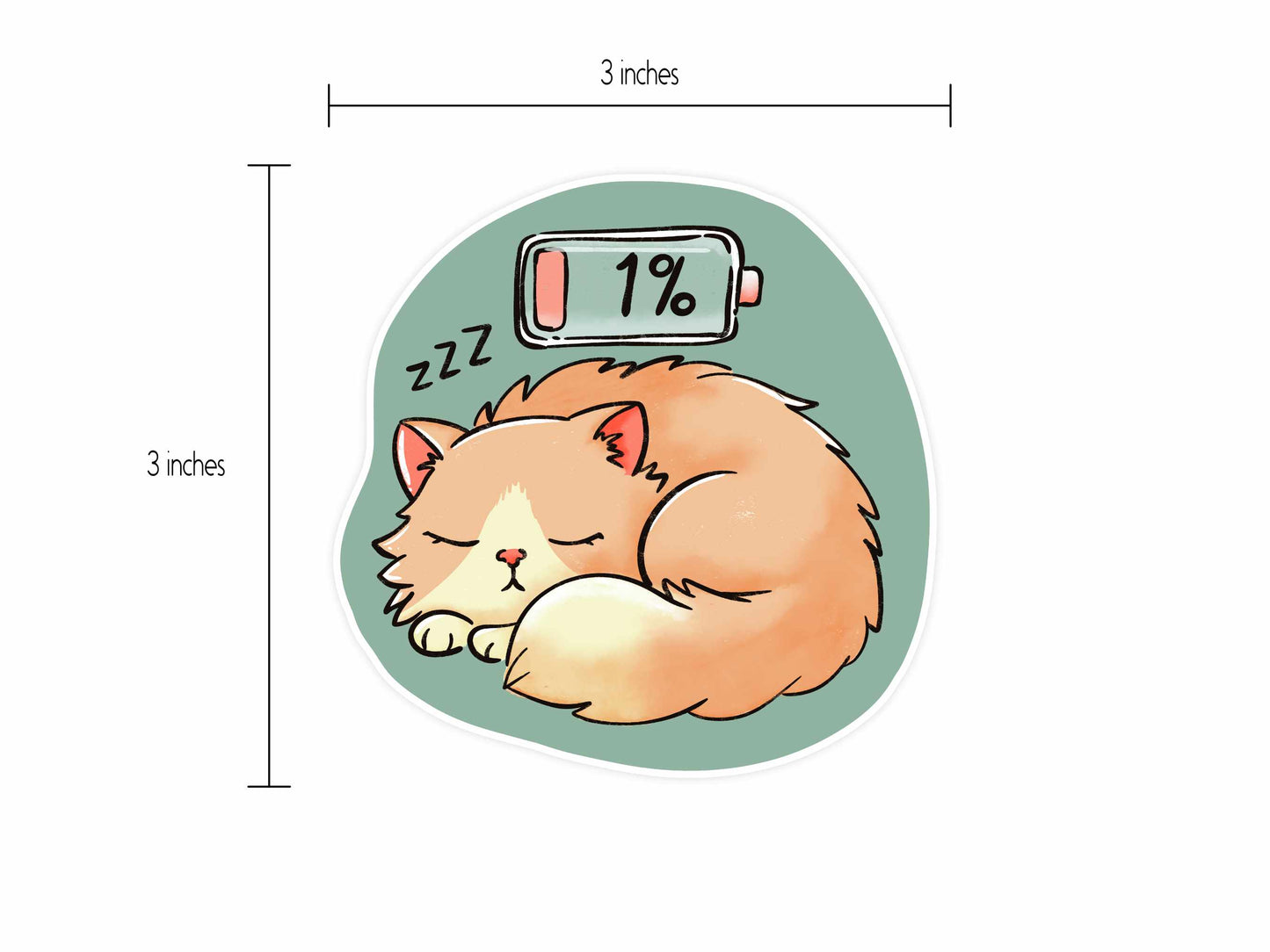 Close-up of a 3-inch vinyl sticker showing a fluffy orange cat sleeping under a 1% battery symbol, with size measurements.