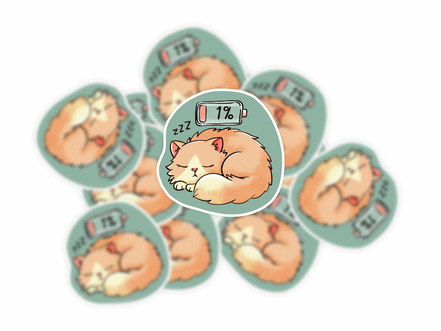 Group of 3-inch vinyl cat stickers featuring a sleeping orange cat with a low battery icon reading 1%.