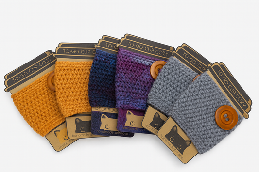 Cozy Sweater Drink Cozy - Handmade Cup Sleeves in Fall Colors | Crochet Mug Warmer in Purple, Orange & Grey