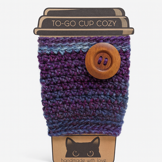 Cozy Sweater Drink Cozy - Handmade Cup Sleeves in Fall Colors | Crochet Mug Warmer in Purple, Orange & Grey