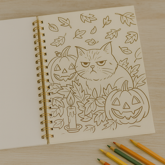 Grumpy orange cat surrounded by carved jack-o'-lanterns, autumn leaves, and a lit candle in a Halloween-themed spiral-bound coloring book page from the 30-Days of Grumptitude series, with warm-toned colored pencils nearby.