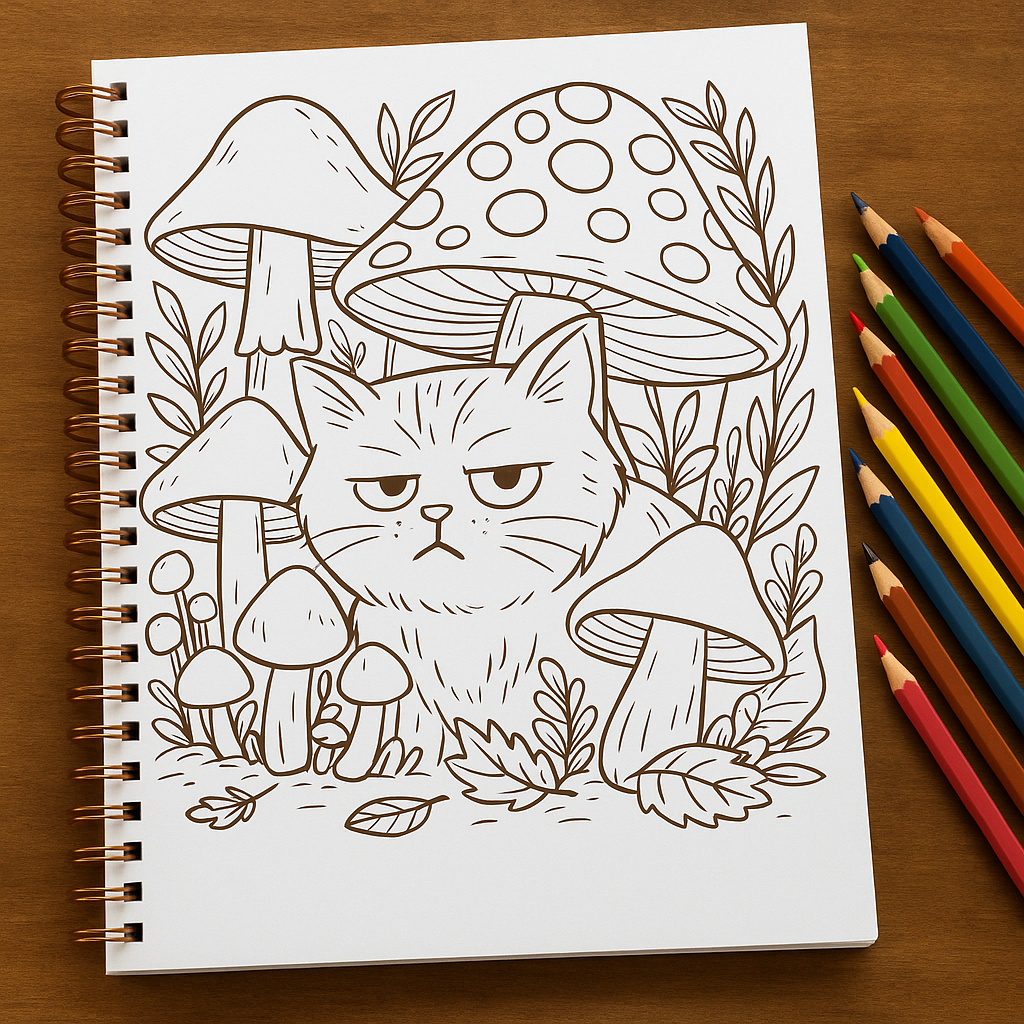 A spiral-bound coloring page featuring Mr. Grumps the cat sitting among large mushrooms and leafy plants. Colored pencils lie beside the notebook.