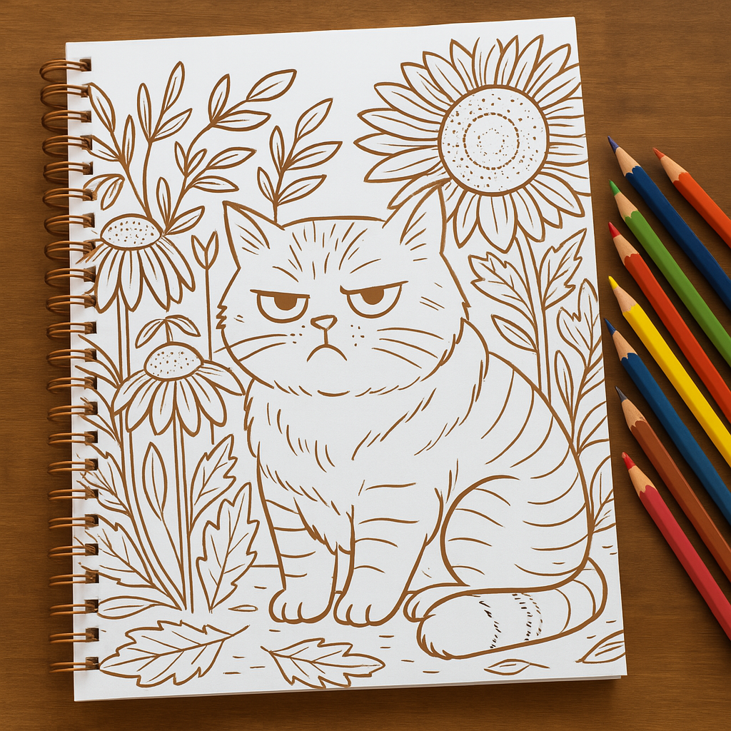 A spiral-bound coloring page with Mr. Grumps sitting surrounded by blooming sunflowers and coneflowers. Colored pencils are arranged beside the notebook.