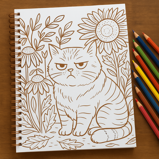 A spiral-bound coloring page with Mr. Grumps sitting surrounded by blooming sunflowers and coneflowers. Colored pencils are arranged beside the notebook.