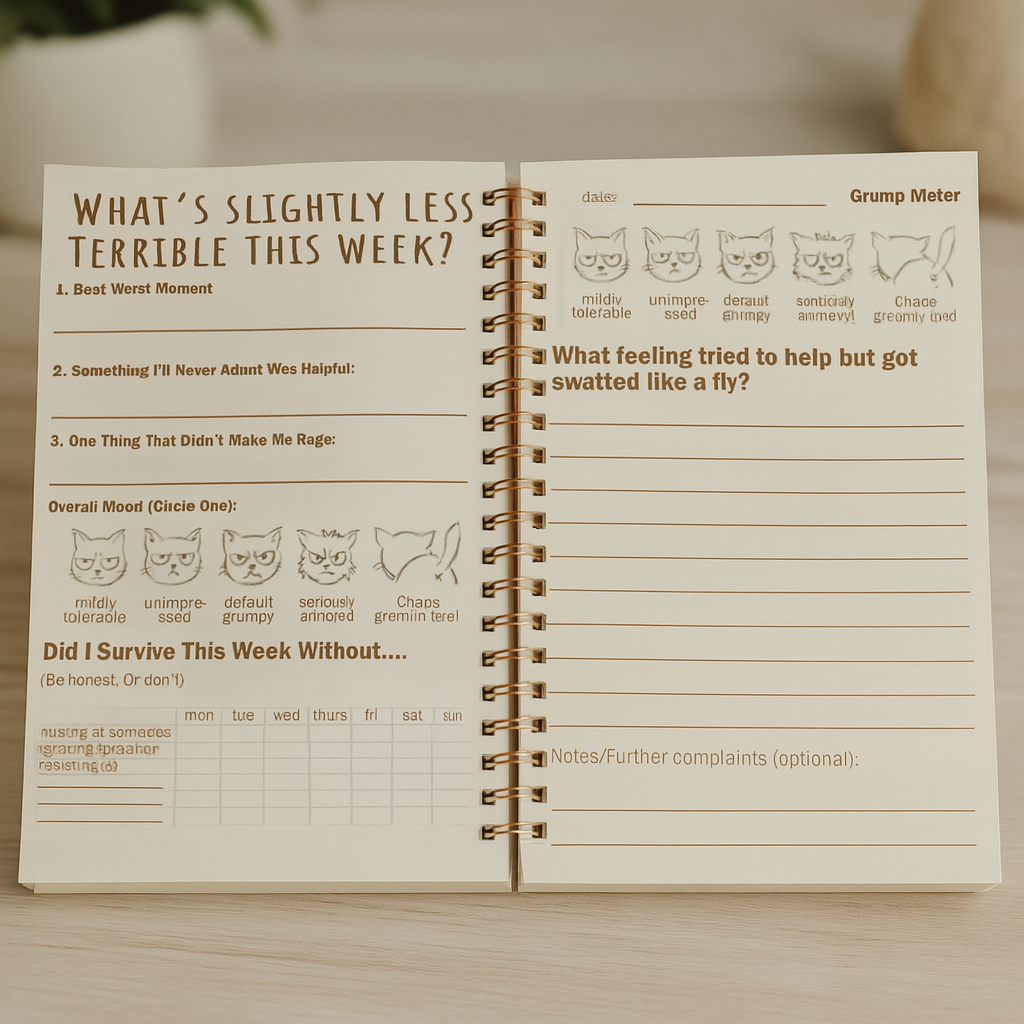 Open 30-Days of Grumptitude journal showing a humorous weekly check-in spread with mood tracker, grump meter, and reflective prompts.