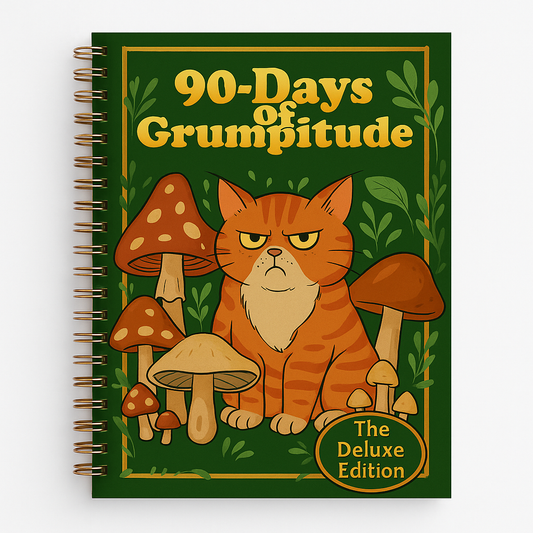 Spiral-bound green journal titled “90-Days of Grumpitude – The Deluxe Edition,” featuring a grumpy orange cat surrounded by mushrooms and leafy illustrations on the cover.