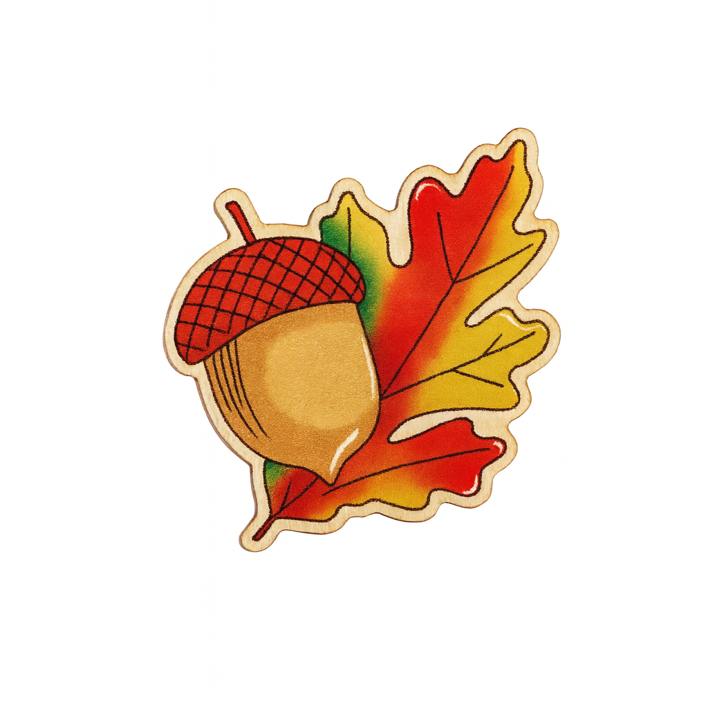 Colorful acorn and leaf design on a white background