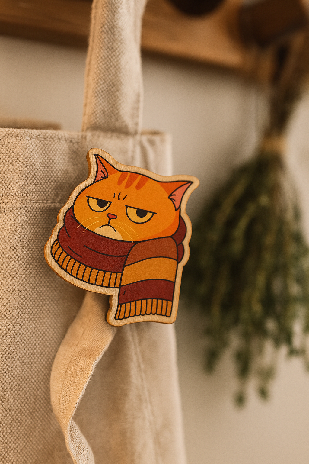 Wooden cat-shaped ornament with a scarf on a beige fabric background