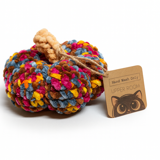 Vibrant multicolored crochet pumpkin in pink, blue, yellow and brown with natural stem and Upper Room Prints cat logo tag