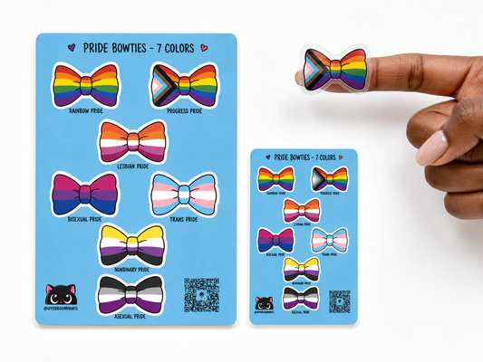 Set of rainbow-colored bow tie stickers on a blue card with a hand holding one sticker.