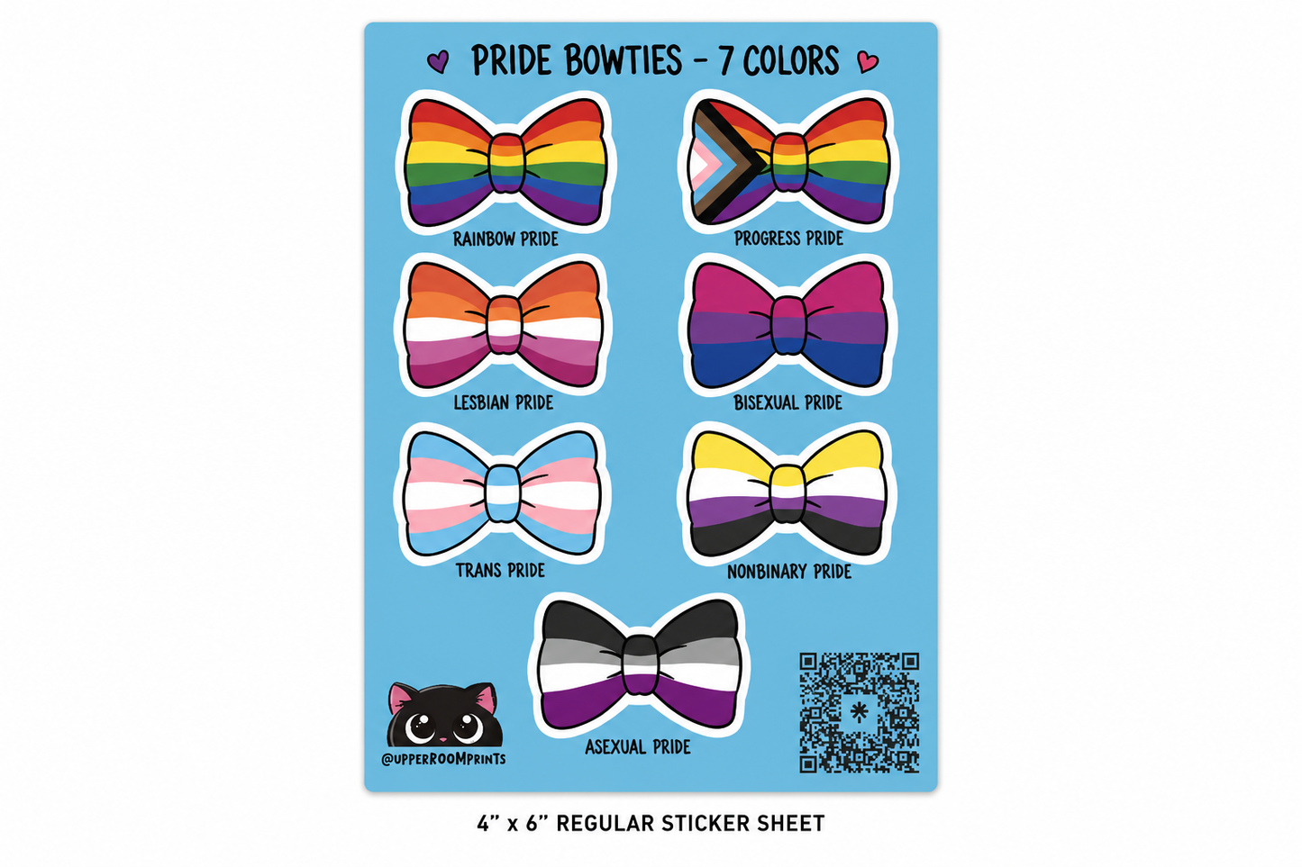 Sticker sheet with pride-themed bowties on a blue background
