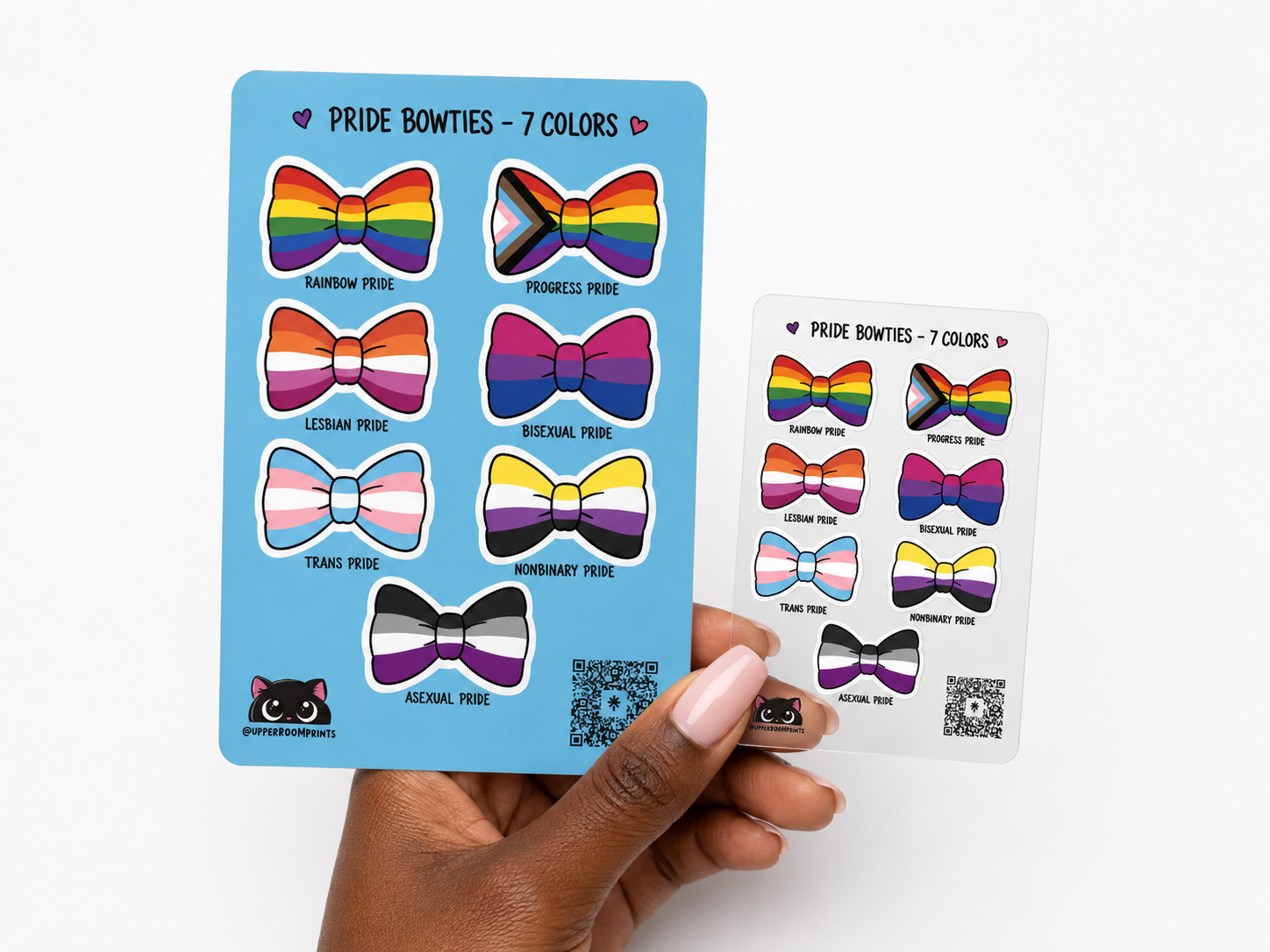 Two cards with rainbow-colored bow tie designs on a white background