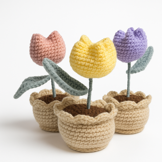 Crochet Buddies Handmade Tulip in Pot Plush - Cottagecore Spring Decor | Pink Purple Yellow Flower