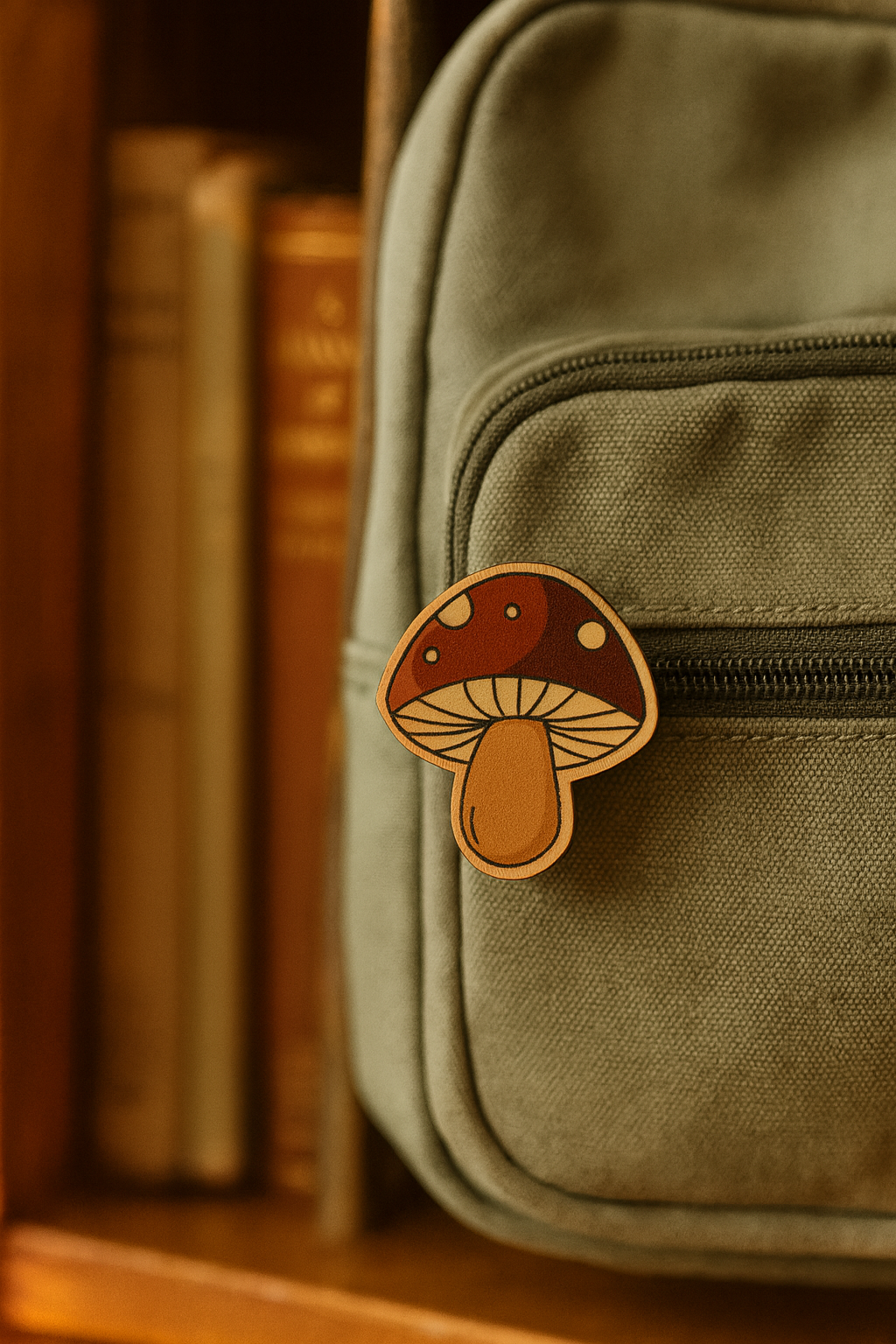 Green bag with a mushroom-shaped patch on a wooden shelf