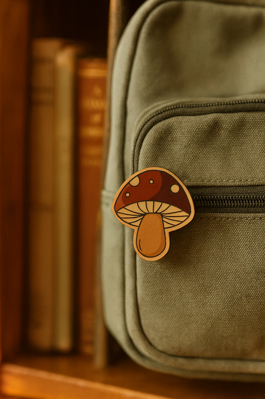 Green bag with a mushroom-shaped patch on a wooden shelf