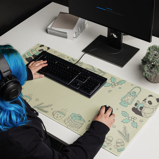 Gamer with blue hair using extended cottagecore panda gaming mouse pad on white desk with black keyboard, showing full 36x18 inch surface area for gaming workspace