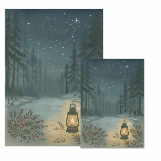 Cozy Winter Nights forest landscape print with glowing lanterns and starry sky, shown in both 5x7 and A4 sizes for bedroom wall ar