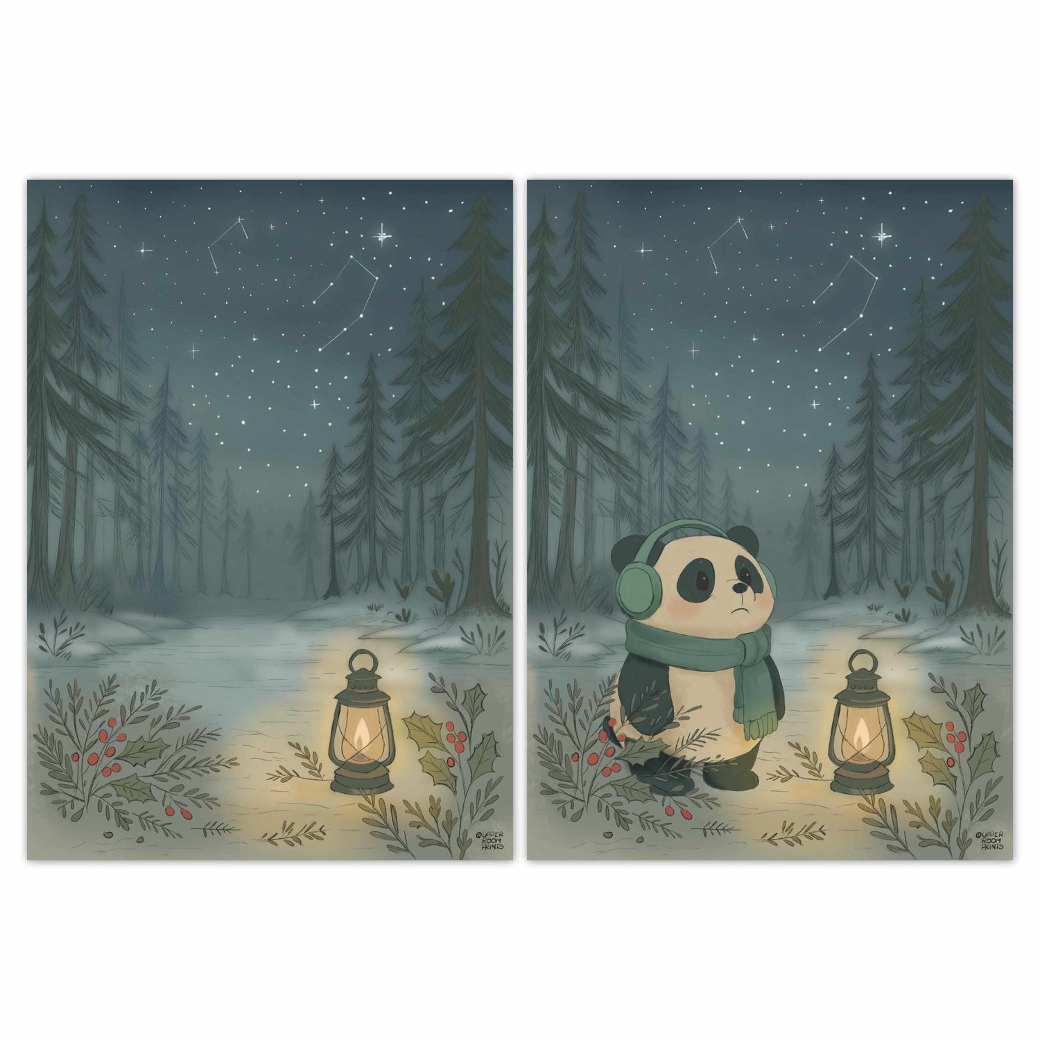 Cozy Winter Nights print comparison showing both versions: peaceful winter forest landscape and Wonton panda in snowy forest with lanterns and starry sky