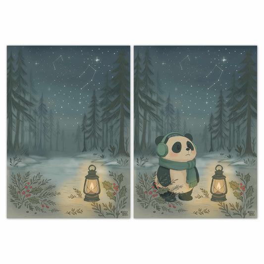 Cozy Winter Nights print comparison showing both versions: peaceful winter forest landscape and Wonton panda in snowy forest with lanterns and starry sky