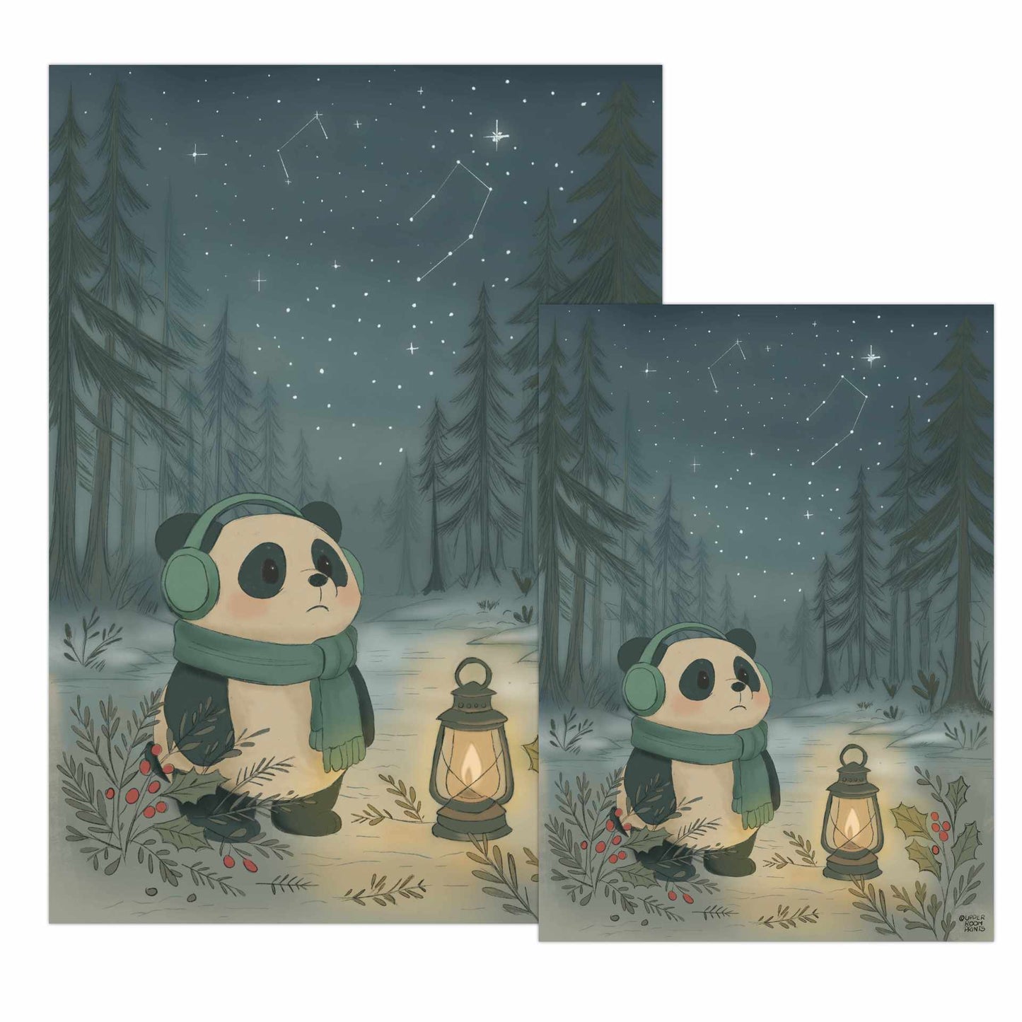 Cozy Winter Nights hearth print showing both 5x7 and A4 sizes featuring Wonton the panda in winter forest with lantern and starry sky