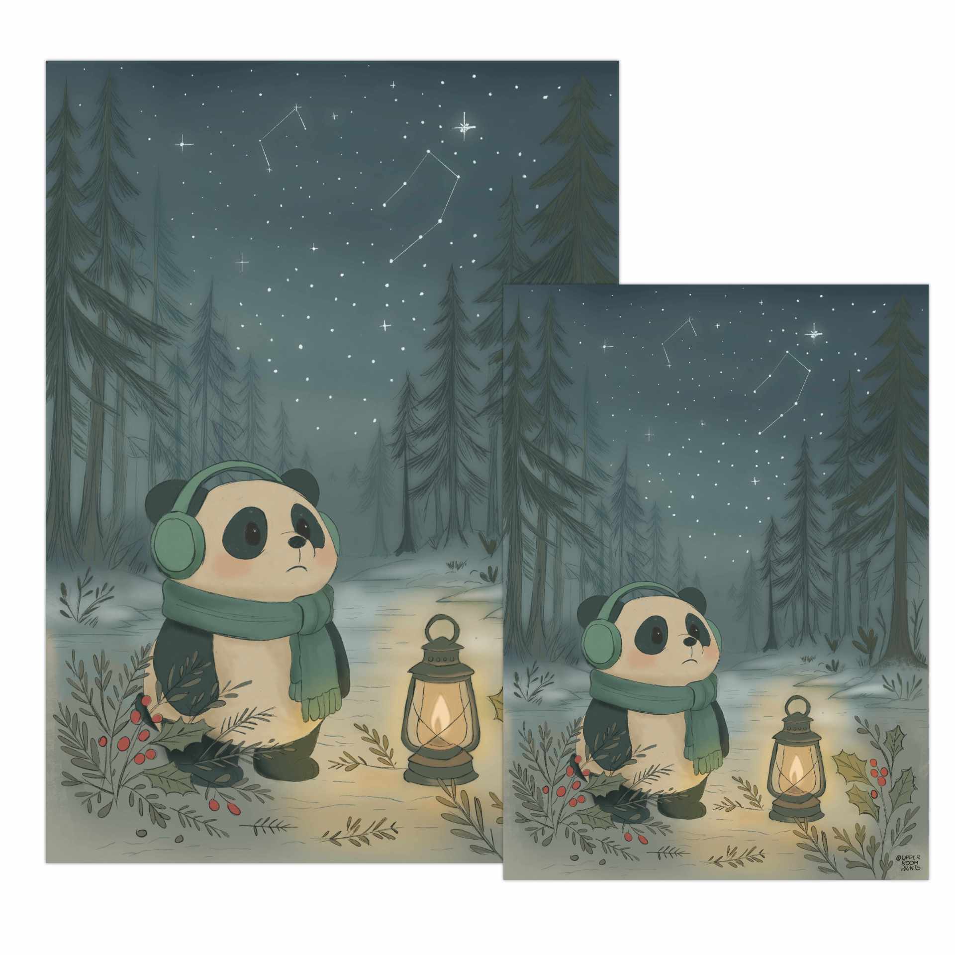 Cozy Winter Nights hearth print showing both 5x7 and A4 sizes featuring Wonton the panda in winter forest with lantern and starry sky