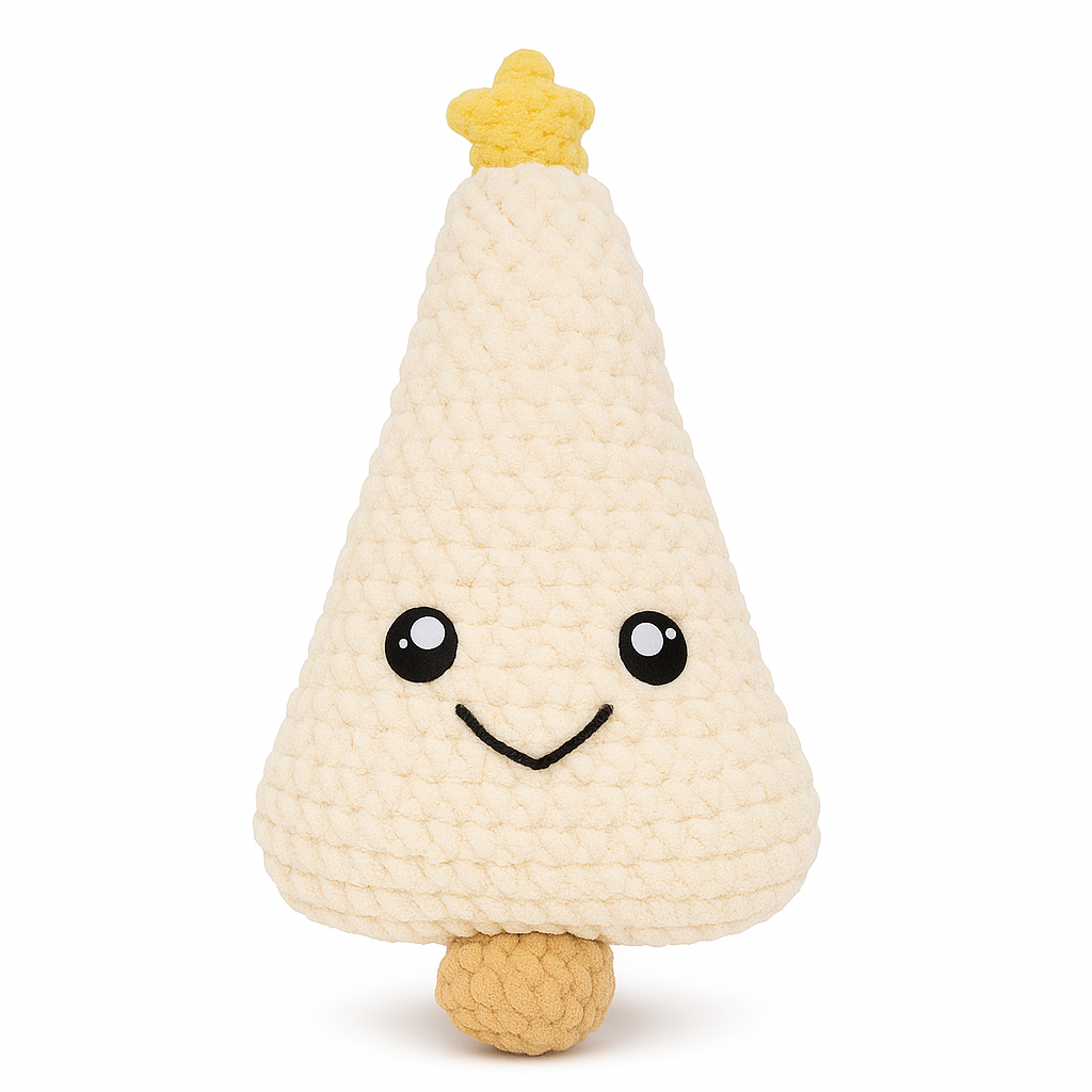 White-colored handmade crochet Christmas tree plushie with yellow star topper, cute embroidered face, and textured knit body
