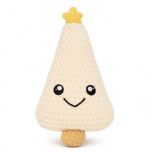 White-colored handmade crochet Christmas tree plushie with yellow star topper, cute embroidered face, and textured knit body
