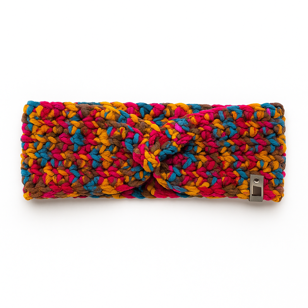 Boho Rainbow crochet ear warmers with multicolor knit pattern in red, orange, yellow, blue, and brown
