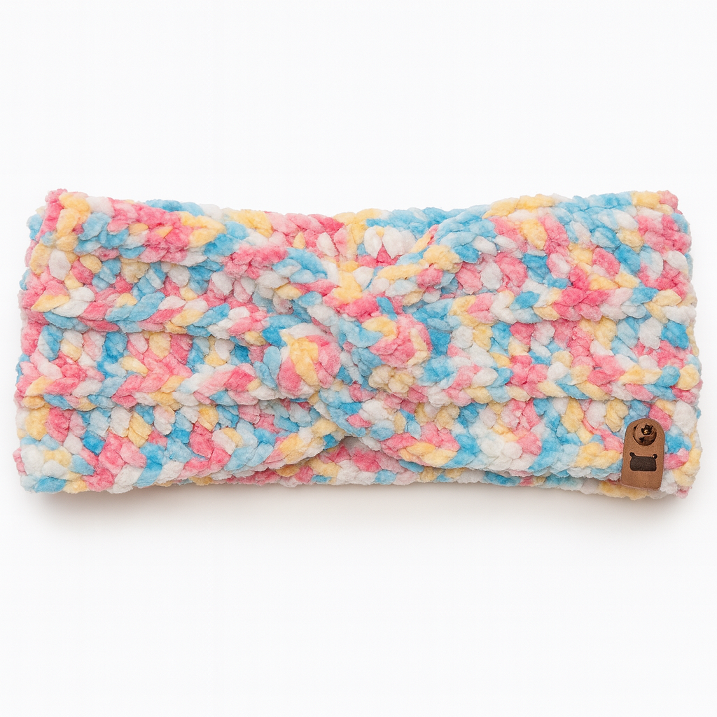 Pastel Rainbow crochet ear warmers featuring soft pink, blue, yellow, and cream knit headband
