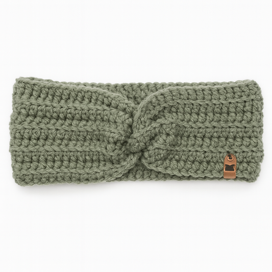 Sage Green crochet ear warmers in soft muted green knit with textured cable pattern and leather detail