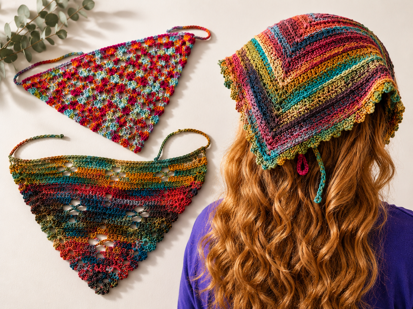 Colorful crocheted bikini set and headscarf on a neutral background