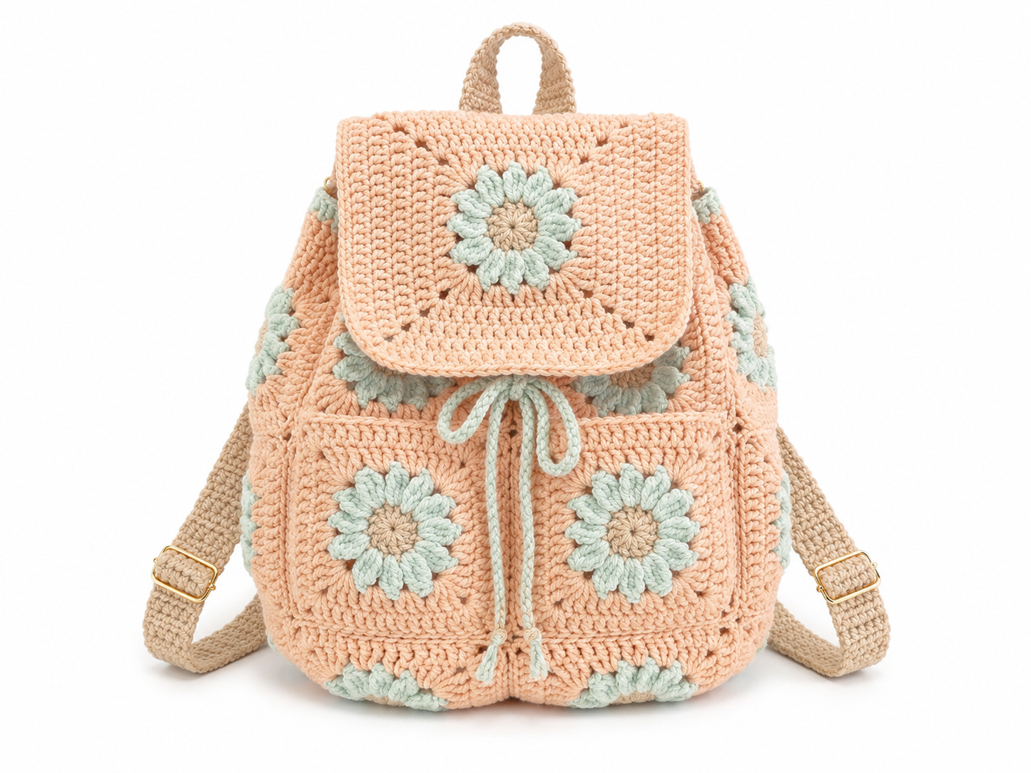 Crocheted backpack with floral patterns on a white background