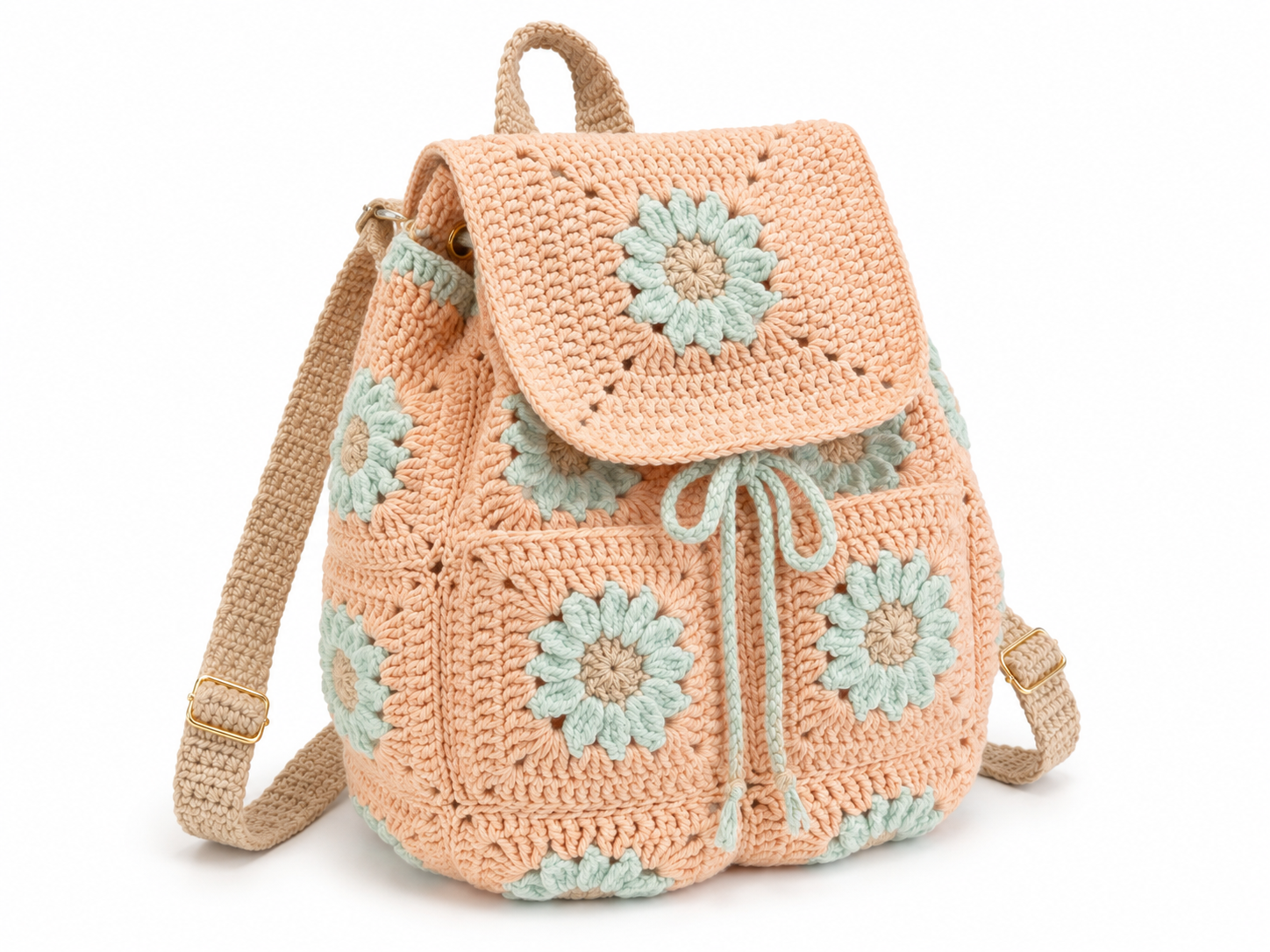 Crocheted backpack with floral patterns on a white background