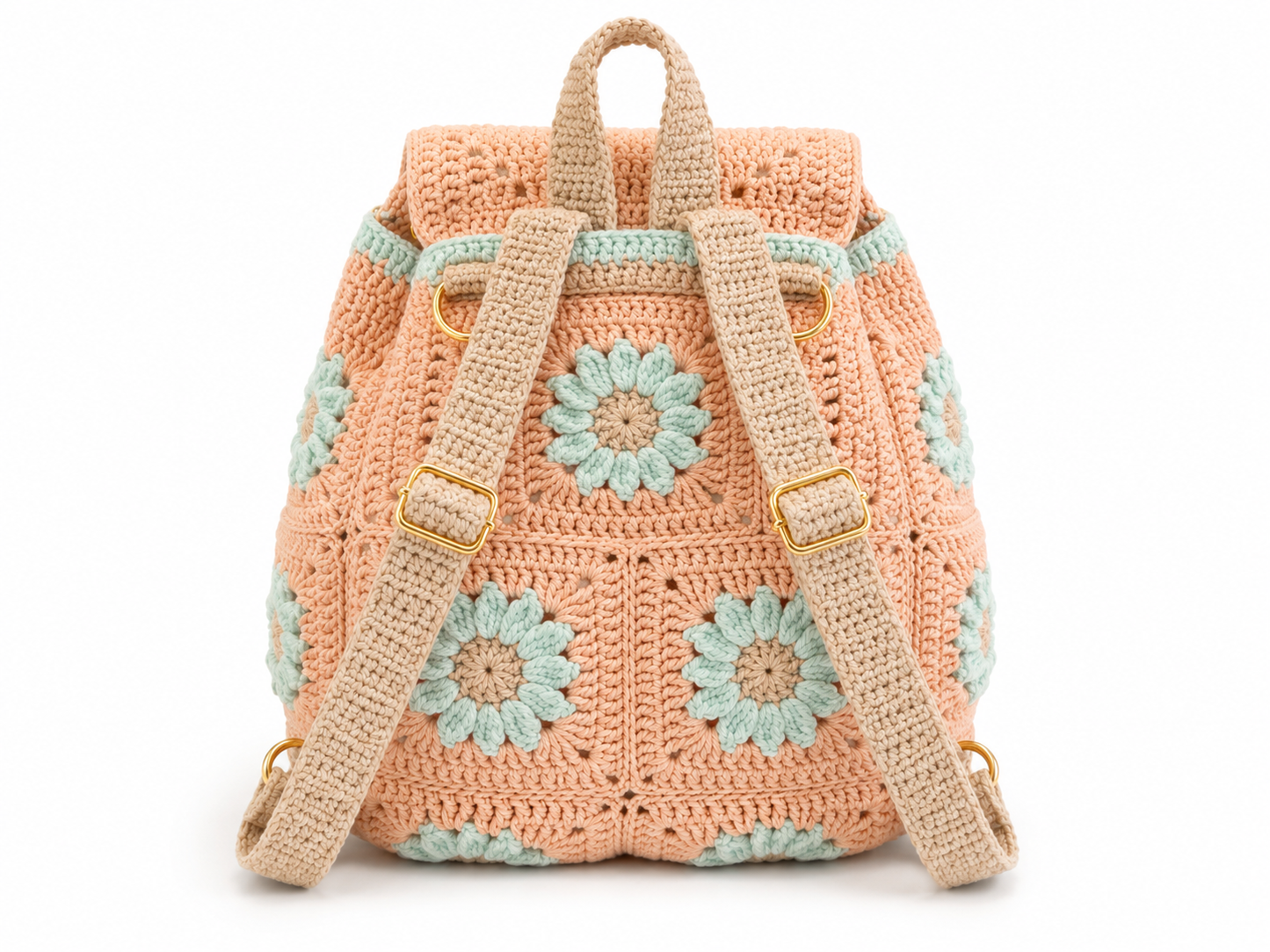 Crocheted backpack with floral patterns on a white background