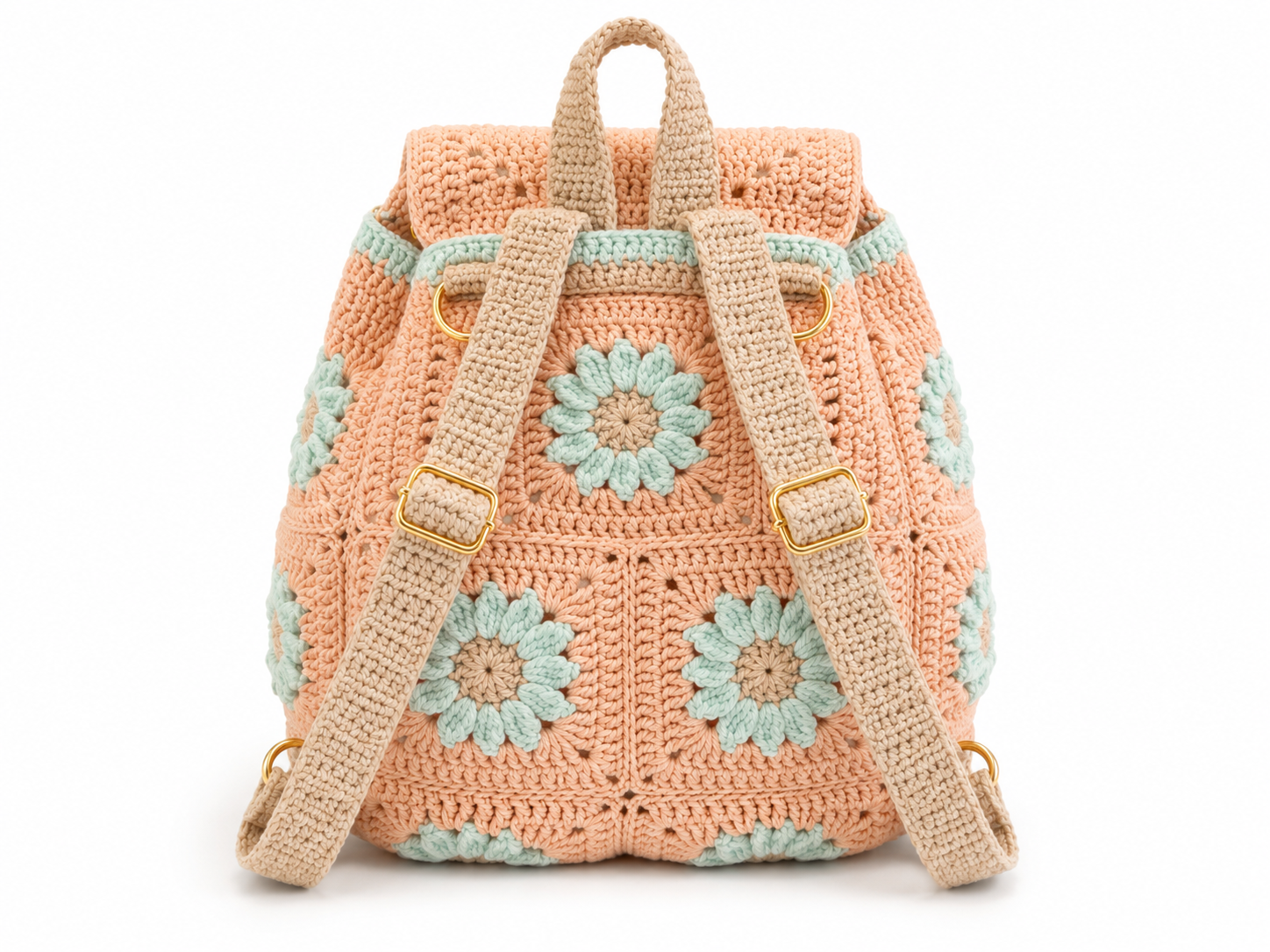 Crocheted backpack with floral patterns on a white background