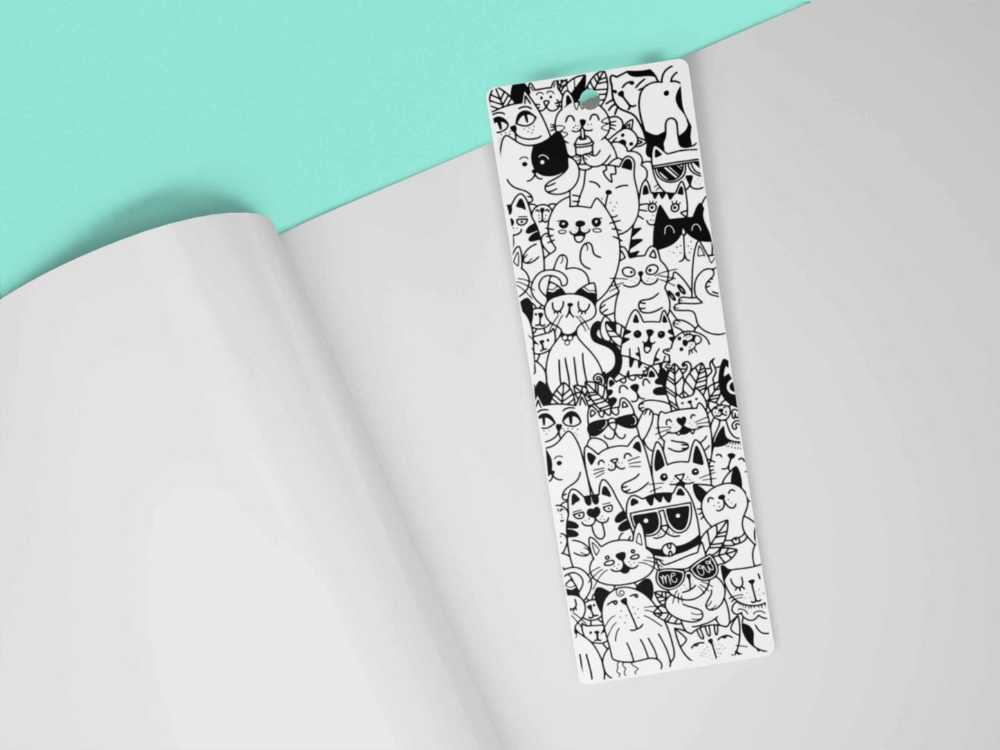 Doodle Cat bookmark with hand-drawn black and white cat pattern in 2x6 inch paper format
