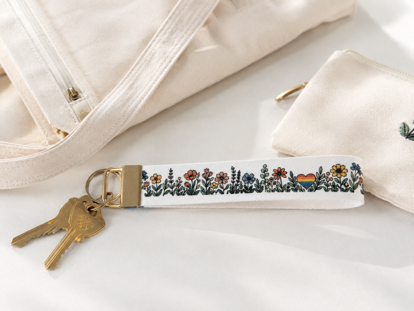 Keychain with floral design on a white surface