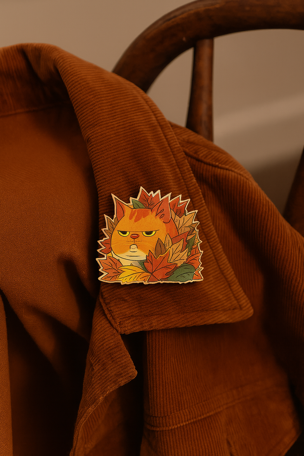 Brown jacket with a leaf-themed patch on a wooden chair