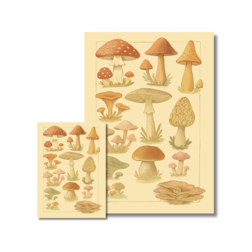A top-down image of a closed A4 magazine mockup featuring the "Mushroom Studies" art print on the cover, placed on a clean flat surface.