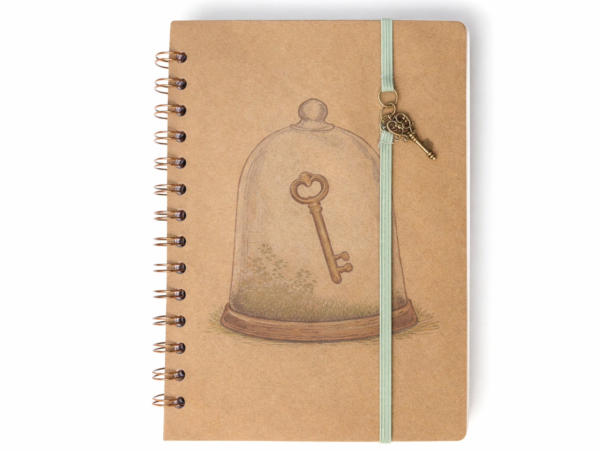 Notebook with a key and bell jar design on the cover, featuring a gold key charm.