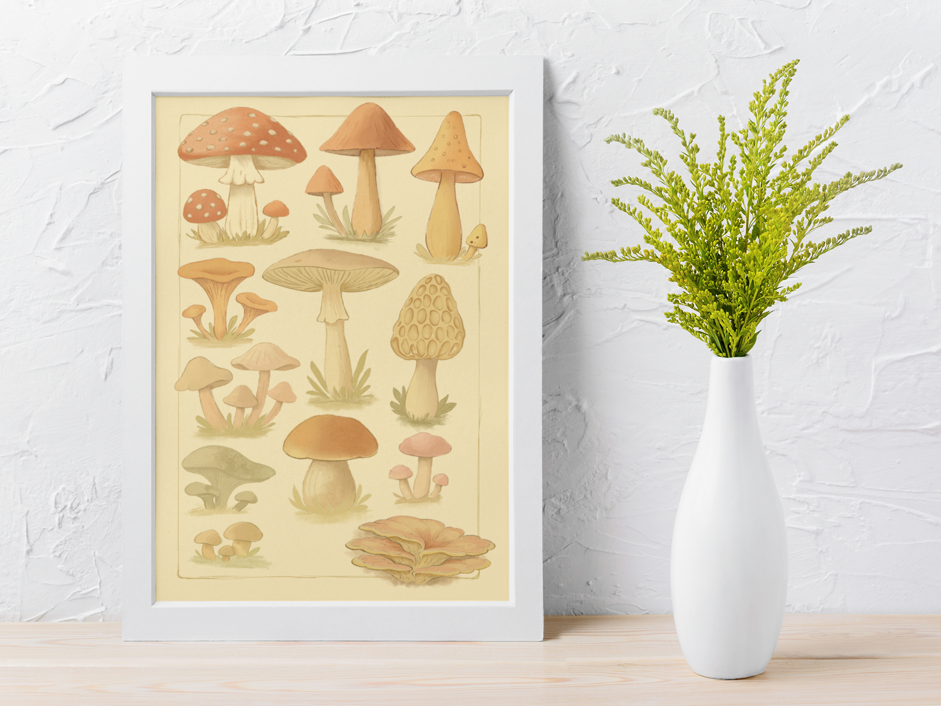 A framed version of the "Mushroom Studies" art print leaning against a wall on a wooden floor, showcasing its A4 size and natural aesthetic.