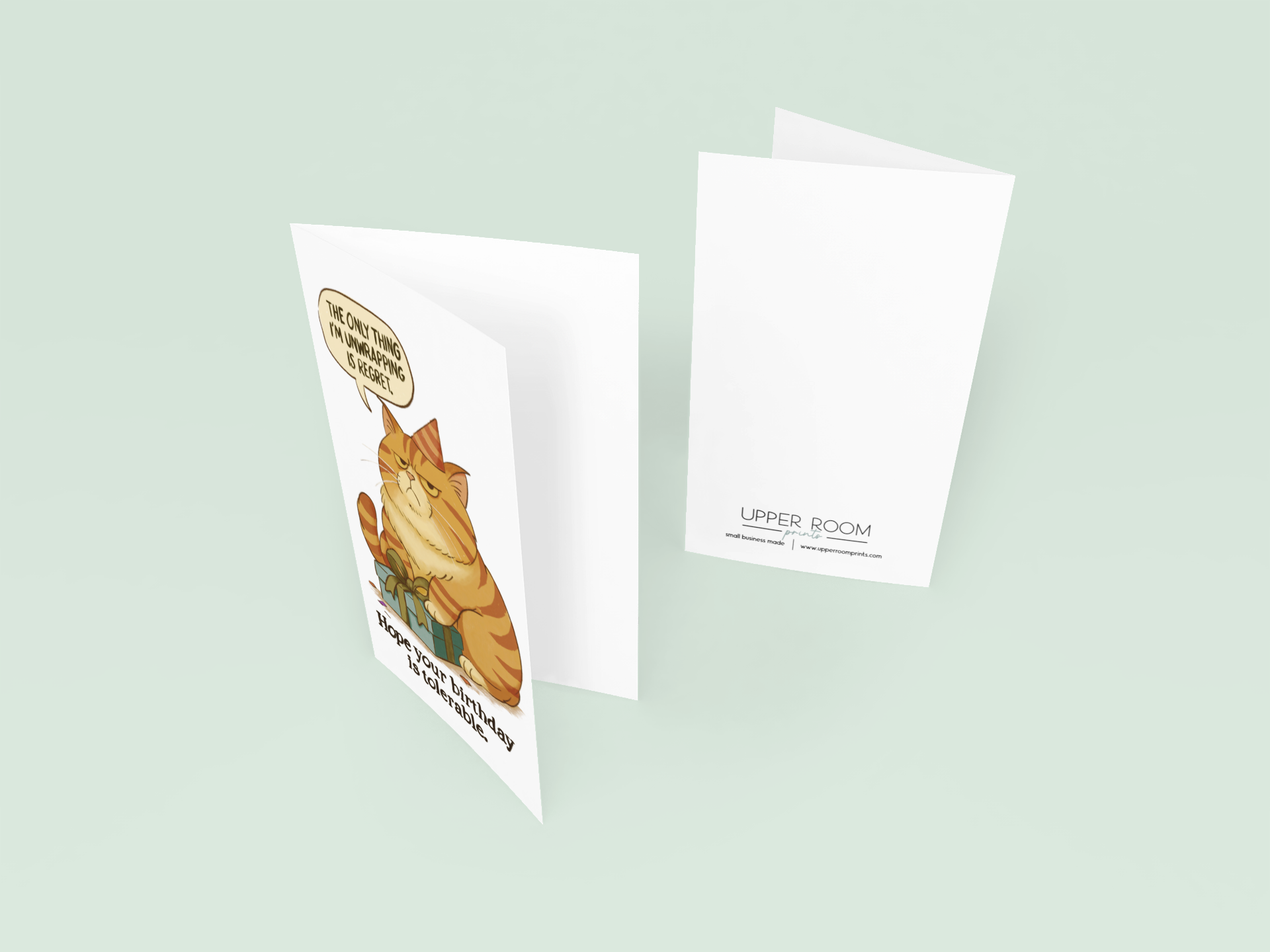 A slightly opened birthday card with a grumpy illustrated cat on the front, styled for humor and pet lovers.