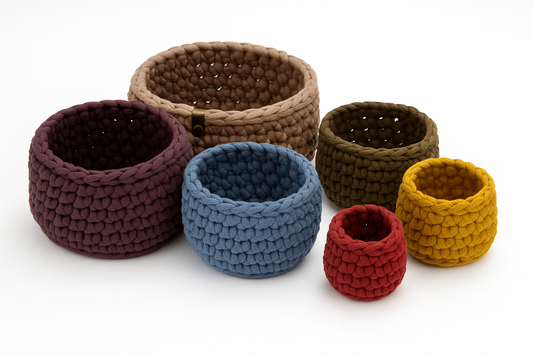 Six crochet nesting bowls arranged on a white surface, separated to show their individual sizes and earthy-toned colors. The bowls are staggered in a circular layout from smallest to largest.