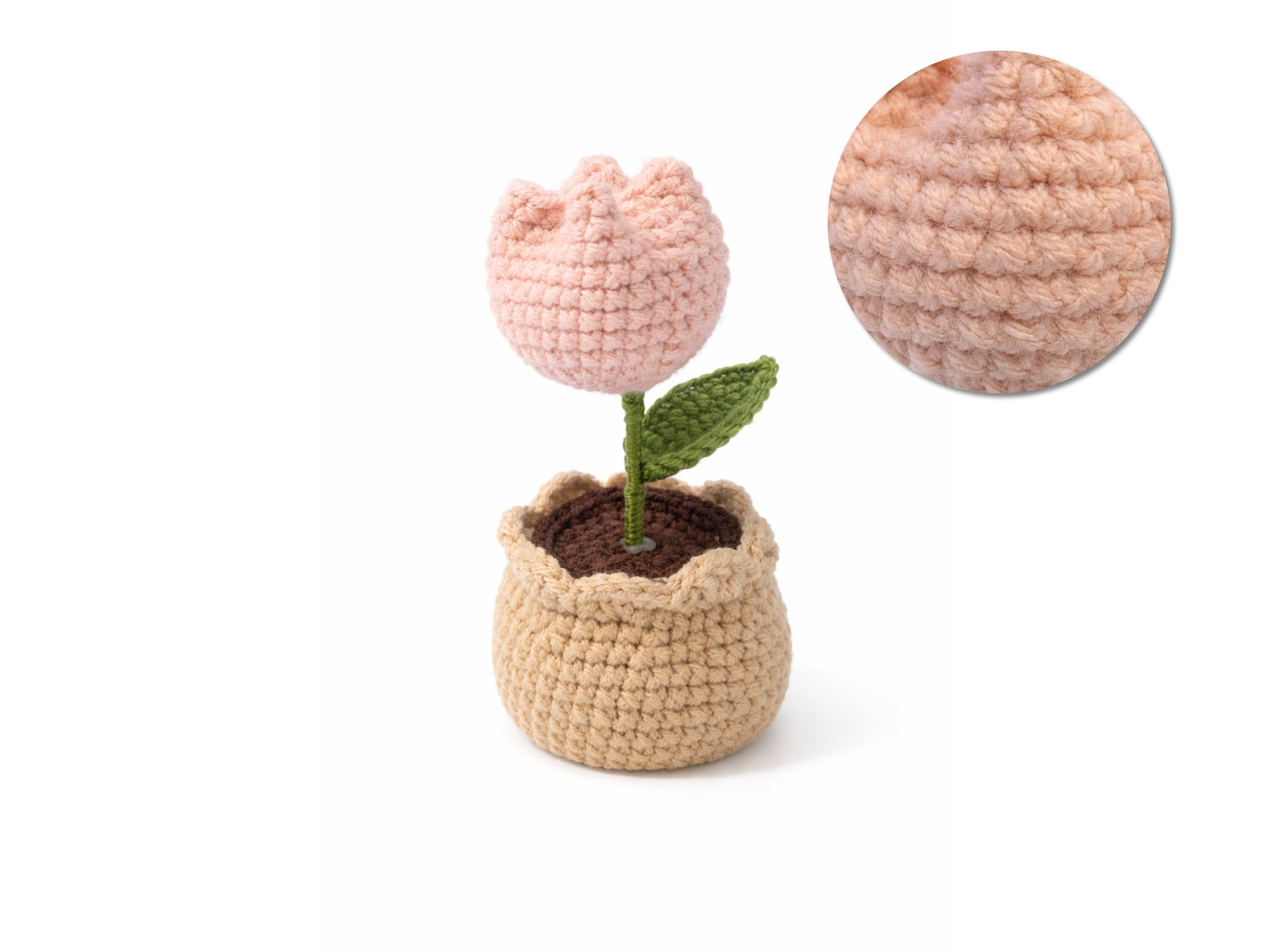 Crocheted tulip in a pot with a close-up of the flower on a white background